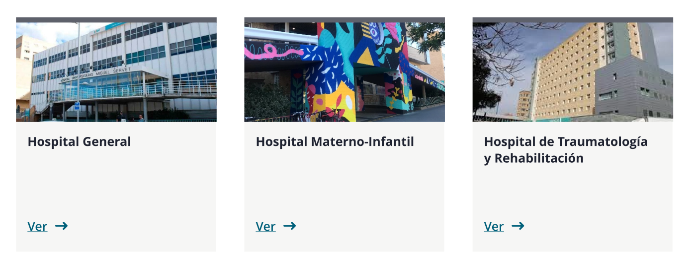 Cards que enlazan a hospitales con una imagen superior del edifico de los mismos.